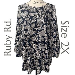 Ruby Rd. - Paisley Floral Tunic - Navy & White - Stretch Knit - Boho - Size 2X